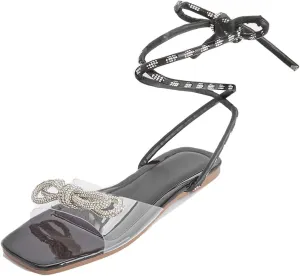 GATUXUS Women's Lace Up Flats Sandals Crisscross Strappy Tie Up Square Open Toe Cusual Mule Shoes