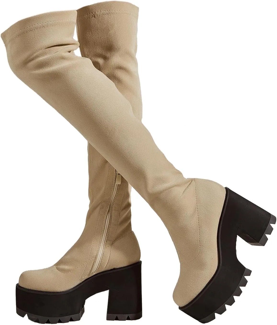 getmorebeauty Women Knee High Boots Chunky Heel Muffin Shoes Stretch Suede Round Toe Slip On Fashion Thigh High Boots