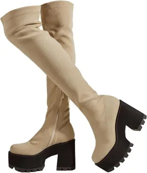 getmorebeauty Women Knee High Boots Chunky Heel Muffin Shoes Stretch Suede Round Toe Slip On Fashion Thigh High Boots
