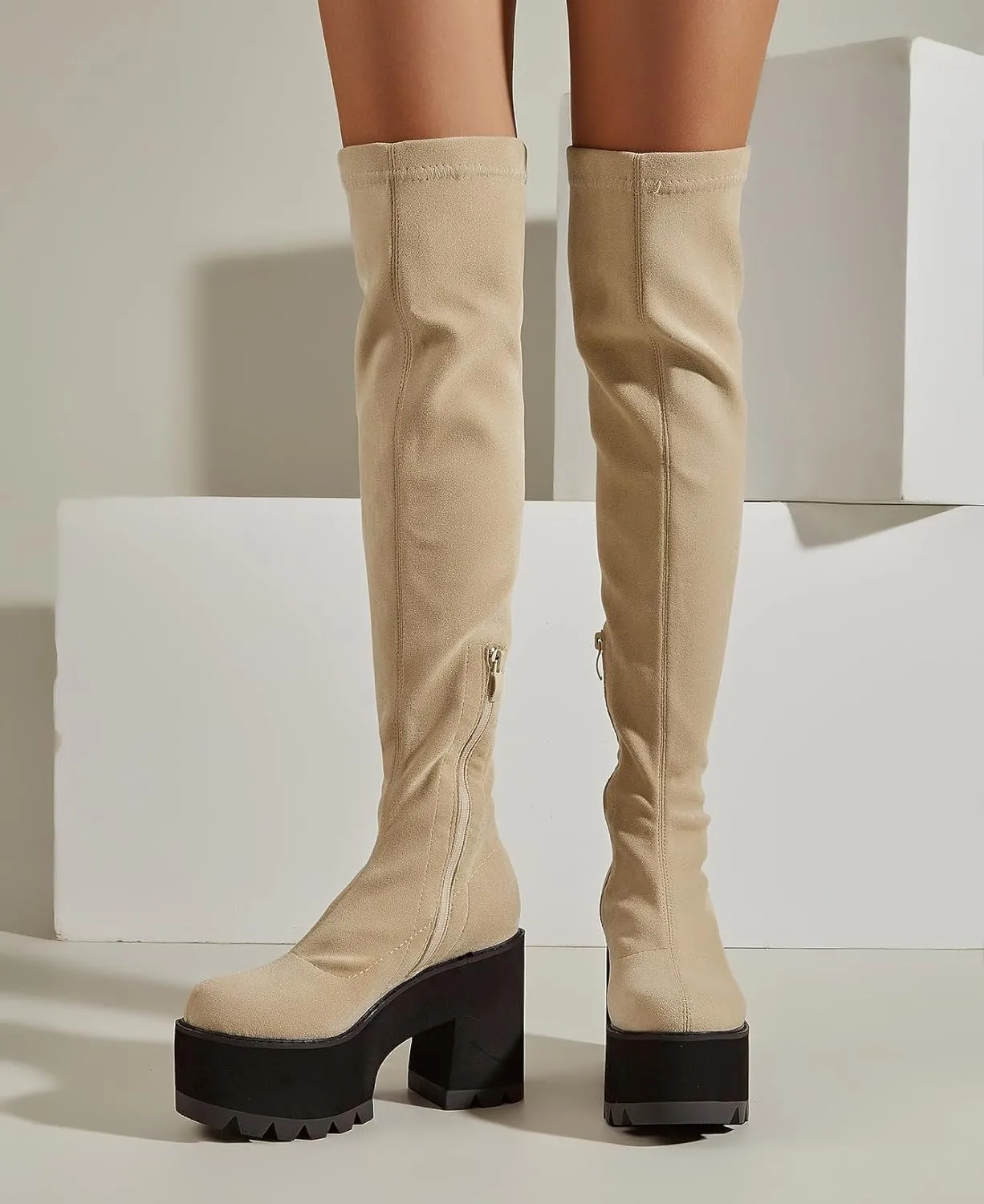 getmorebeauty Women Knee High Boots Chunky Heel Muffin Shoes Stretch Suede Round Toe Slip On Fashion Thigh High Boots