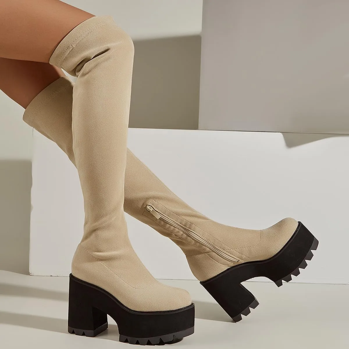 getmorebeauty Women Knee High Boots Chunky Heel Muffin Shoes Stretch Suede Round Toe Slip On Fashion Thigh High Boots