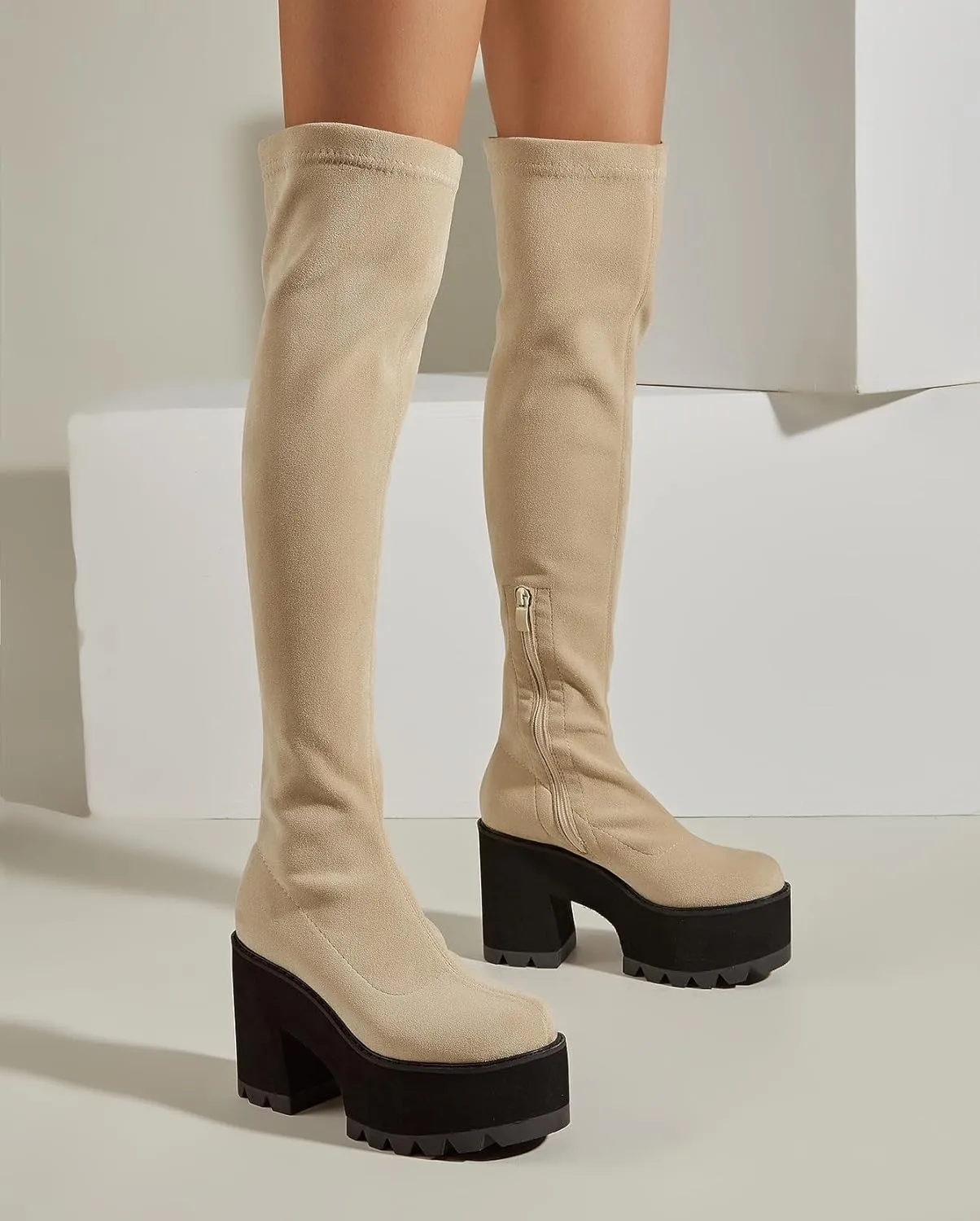 getmorebeauty Women Knee High Boots Chunky Heel Muffin Shoes Stretch Suede Round Toe Slip On Fashion Thigh High Boots