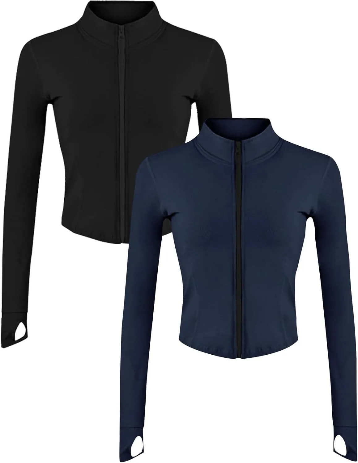 Gihuo Women's 2 Pack Athletic Yoga Jacket Cropped Full Zip Jackets Long Sleeve Lightweight Workout Tops with Thumb Holes