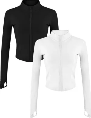 Gihuo Women's 2 Pack Athletic Yoga Jacket Cropped Full Zip Jackets Long Sleeve Lightweight Workout Tops with Thumb Holes