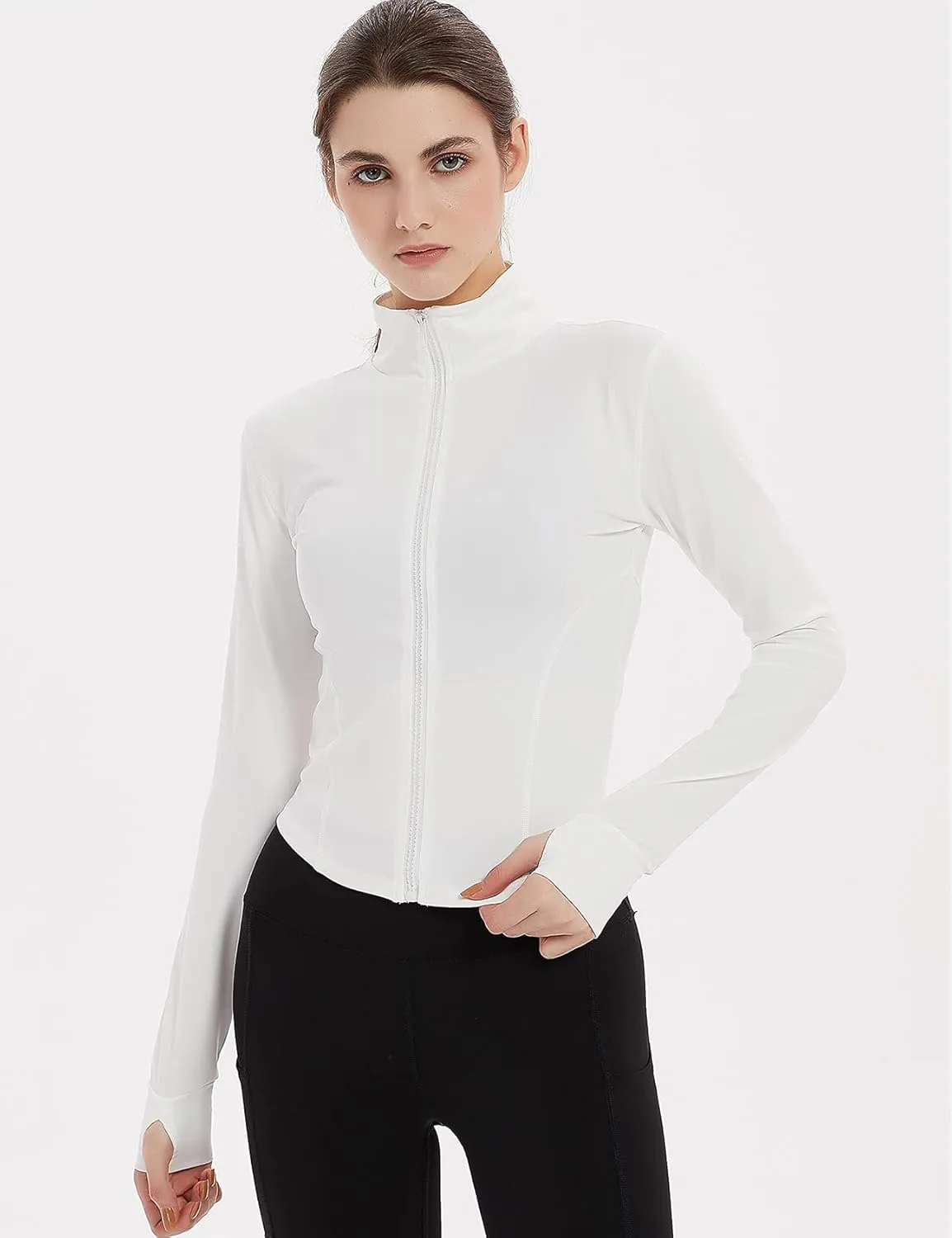 Gihuo Women's 2 Pack Athletic Yoga Jacket Cropped Full Zip Jackets Long Sleeve Lightweight Workout Tops with Thumb Holes