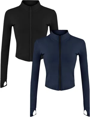 Gihuo Women's 2 Pack Athletic Yoga Jacket Cropped Full Zip Jackets Long Sleeve Lightweight Workout Tops with Thumb Holes
