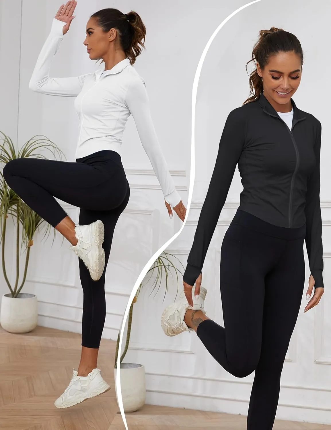 Gihuo Women's 2 Pack Athletic Yoga Jacket Cropped Full Zip Jackets Long Sleeve Lightweight Workout Tops with Thumb Holes