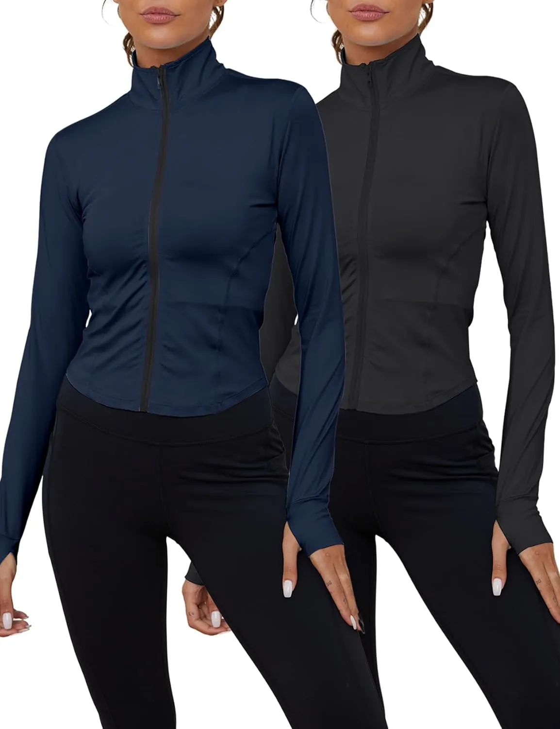 Gihuo Women's 2 Pack Athletic Yoga Jacket Cropped Full Zip Jackets Long Sleeve Lightweight Workout Tops with Thumb Holes