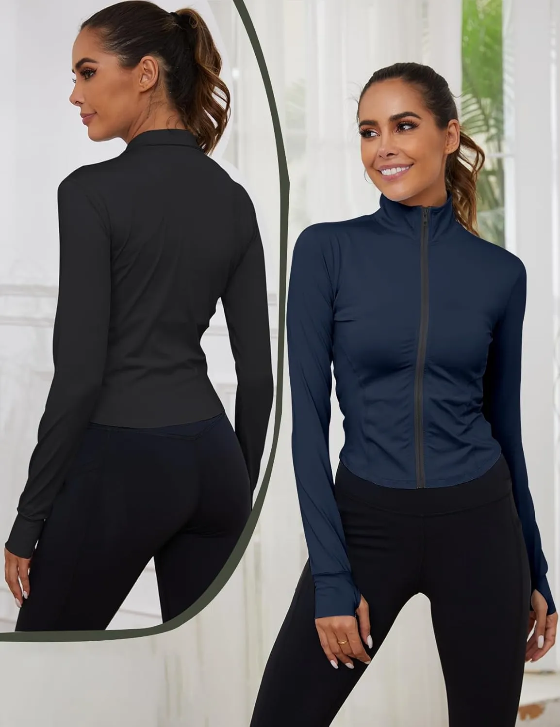 Gihuo Women's 2 Pack Athletic Yoga Jacket Cropped Full Zip Jackets Long Sleeve Lightweight Workout Tops with Thumb Holes