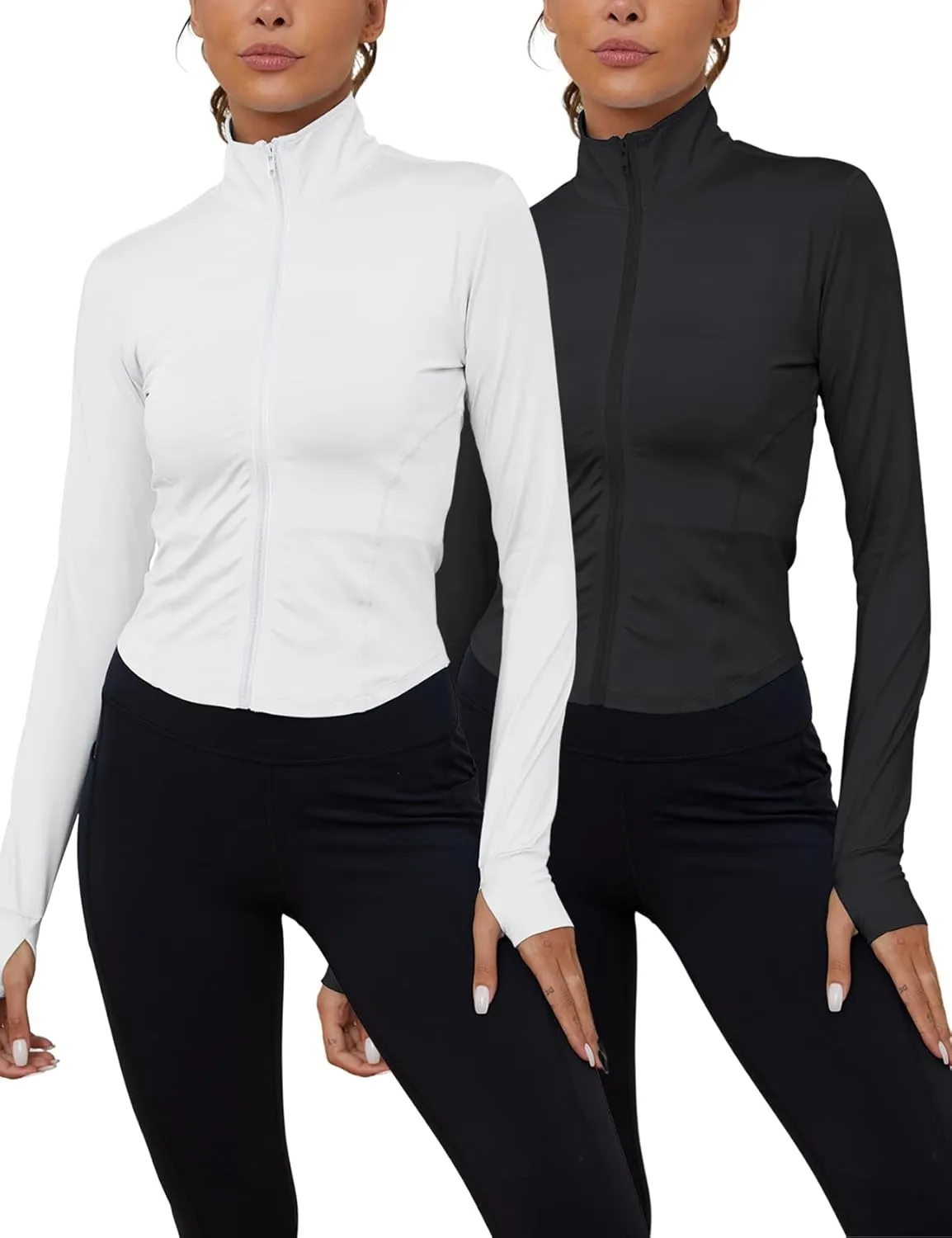 Gihuo Women's 2 Pack Athletic Yoga Jacket Cropped Full Zip Jackets Long Sleeve Lightweight Workout Tops with Thumb Holes