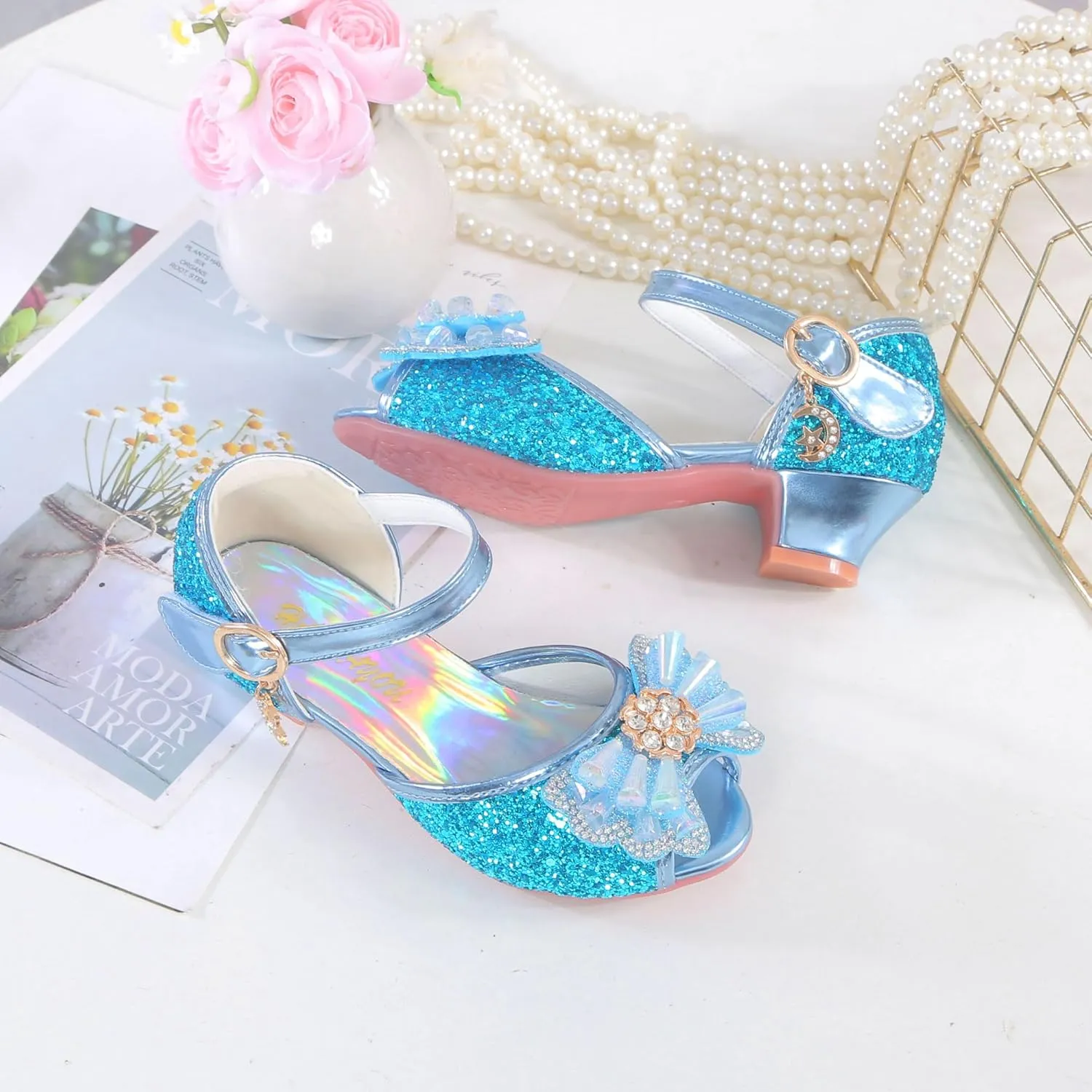 Girls Shoes Sparkle Mary Jane Low Heel Princess Flower Wedding Party Dress Shoes