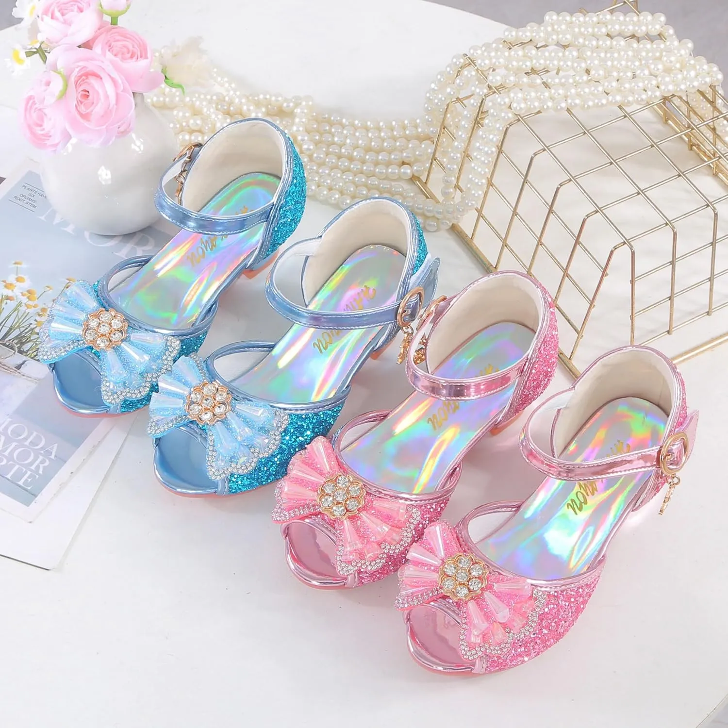Girls Shoes Sparkle Mary Jane Low Heel Princess Flower Wedding Party Dress Shoes