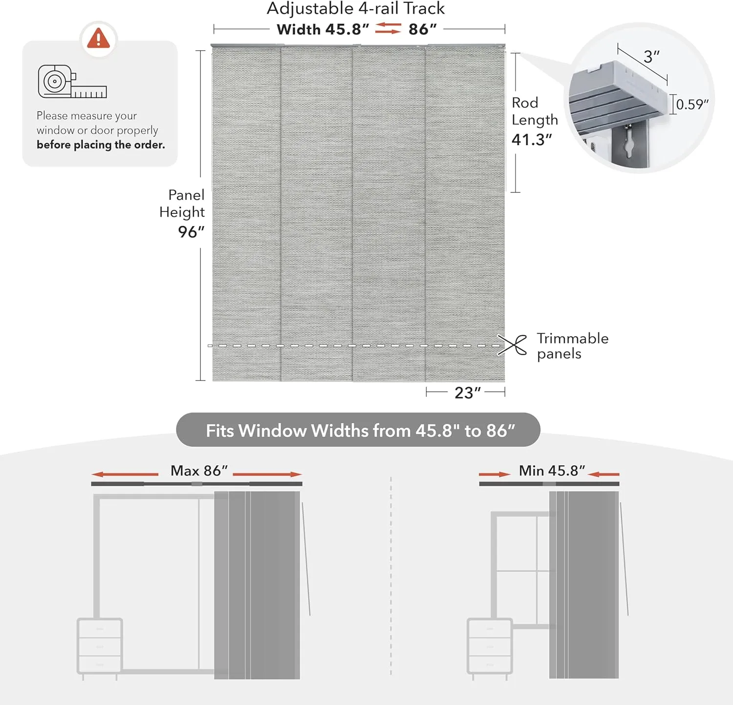 GoDear Design Adjustable Panel Track Blinds for Sliding Glass Doors, Room Dividers, Closet Doors, Extendable Track from 45.8" to 86" W, Dual-Sided Nature Trimmable Panel Curtains Up to 96", Silent