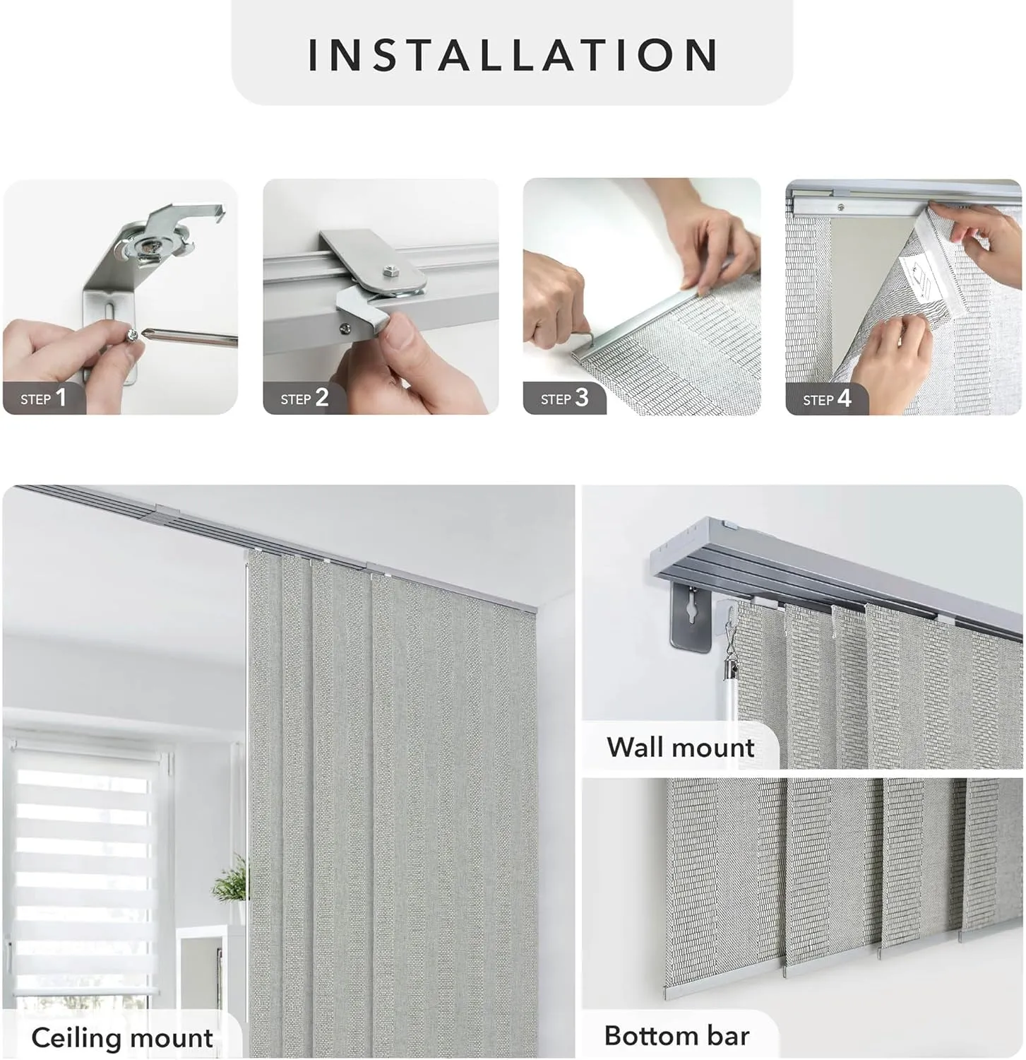 GoDear Design Adjustable Panel Track Blinds for Sliding Glass Doors, Room Dividers, Closet Doors, Extendable Track from 45.8" to 86" W, Dual-Sided Nature Trimmable Panel Curtains Up to 96", Silent