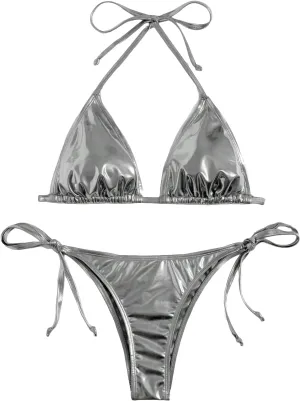 GORGLITTER Women's Metallic Triangle Bikini Top Halter Tie Side Swimsuit Set 2 Piece Bathing Suits