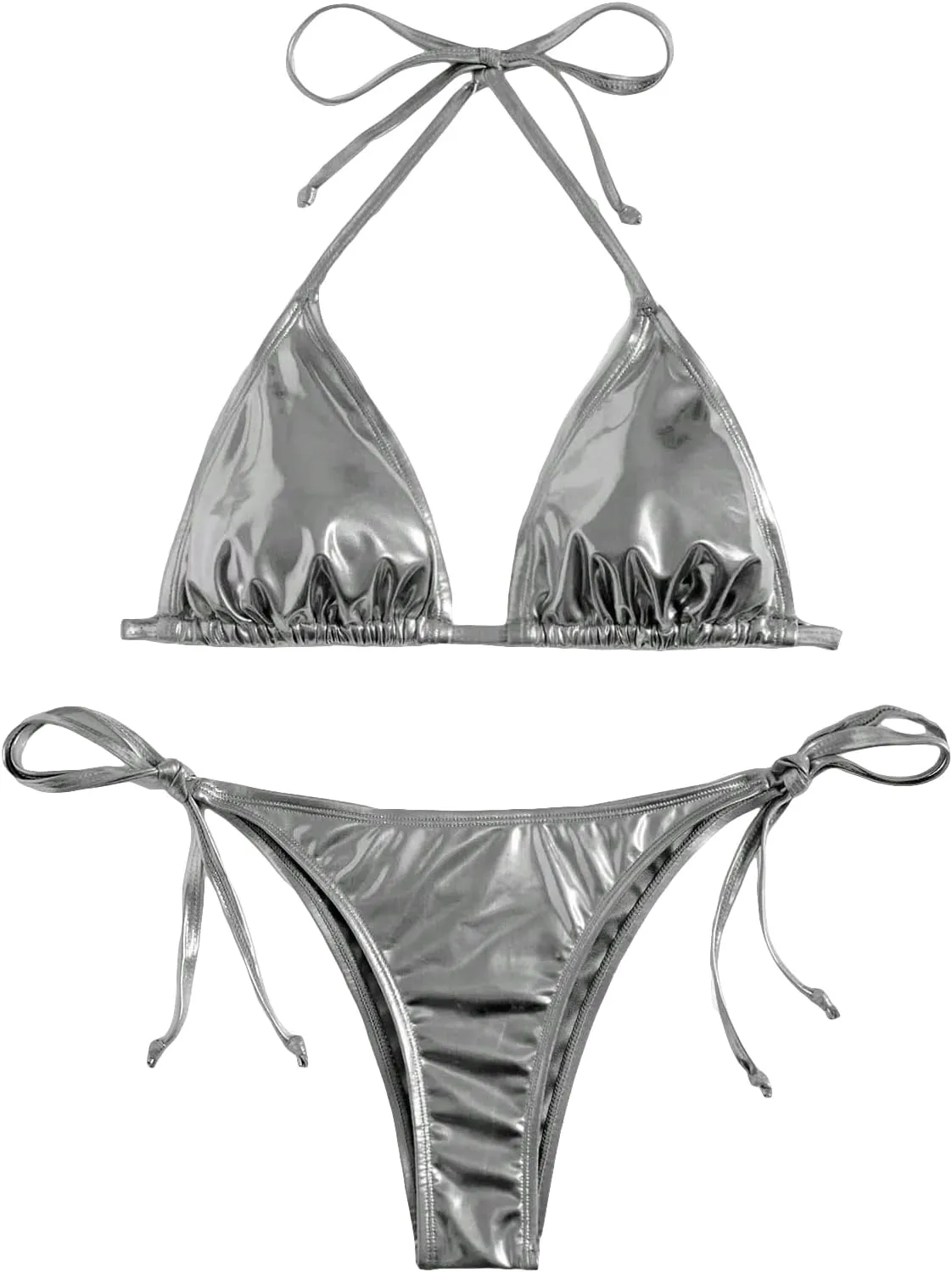 GORGLITTER Women's Metallic Triangle Bikini Top Halter Tie Side Swimsuit Set 2 Piece Bathing Suits