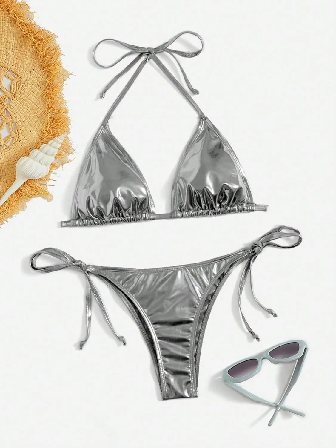 GORGLITTER Women's Metallic Triangle Bikini Top Halter Tie Side Swimsuit Set 2 Piece Bathing Suits