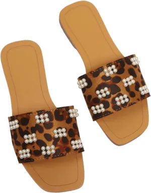 GORGLITTER Women's Summer Beach Flat Cute Sandals 2025 Color Block Faux Pearls Decor Leather Flat Slides