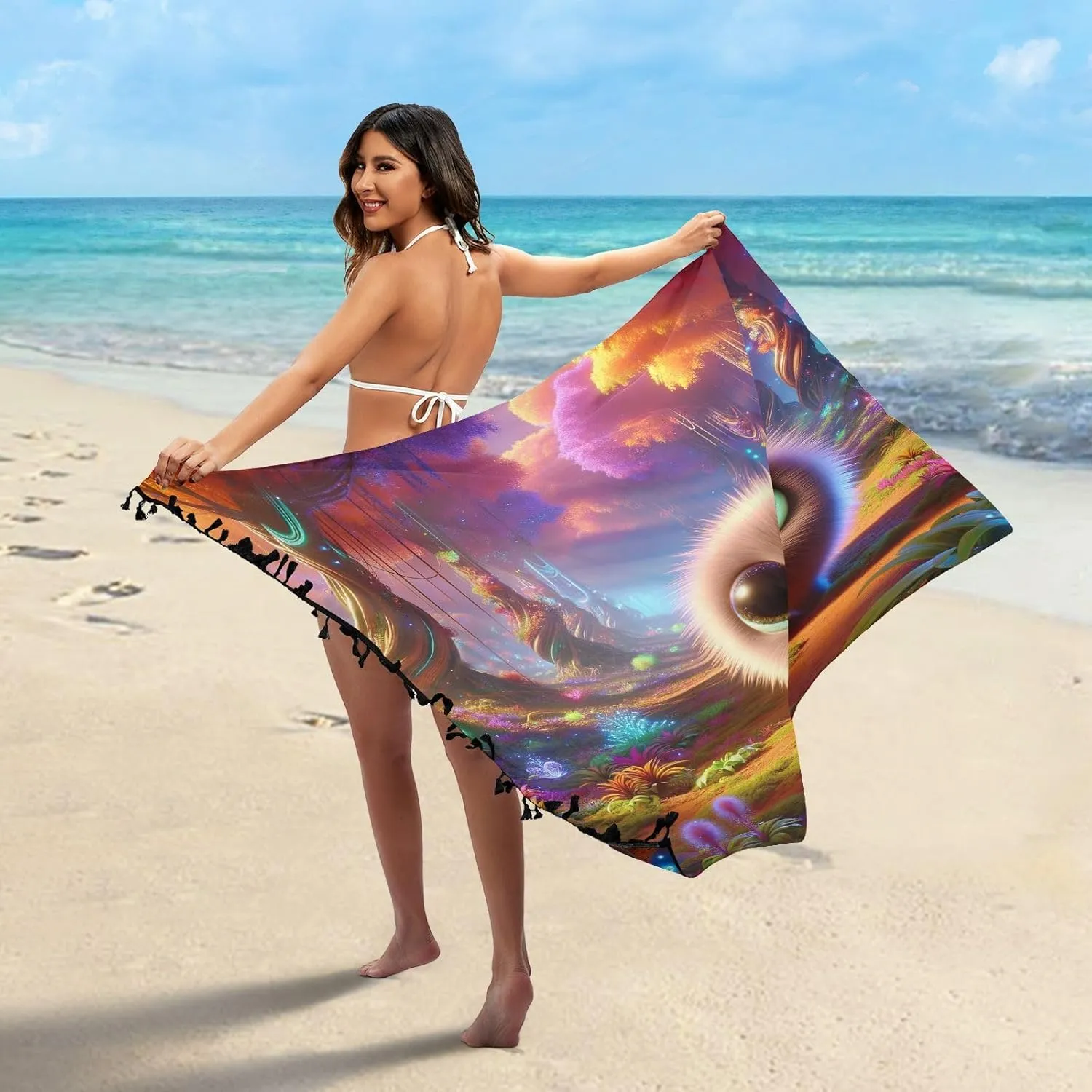 Green Marble Texture on Sarong Cover Up, Fringe Sarong Wrap, Beach Sarong for Women, Summer Wrap