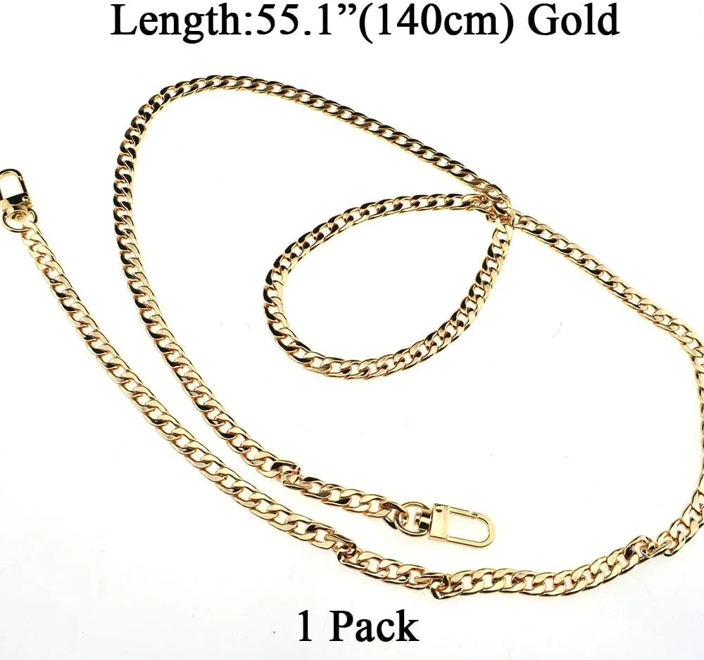 HAHIYO Mini Pochette Purse Chain Strap Slim Wide 7mm for LV Length 55.1 inches Extra Thick 2.6mm Shiny Gold for Shoulder Cross Body Sling Handbag Wallet Clutch Comfortable Flat Metal Strap 1 Pack