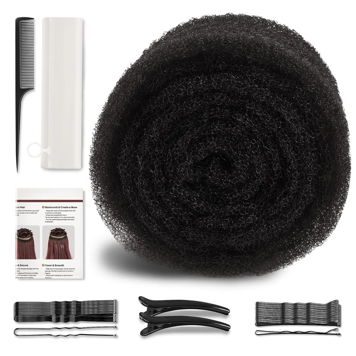 Hair Padding for Updos | Volumizing Hair Donut Bun Maker | Sponge Hair Filler Pads & Undetectable Updo Tool | Includes Bobby Pins, U Shape Hair Pin, Comb and Plastic Clips