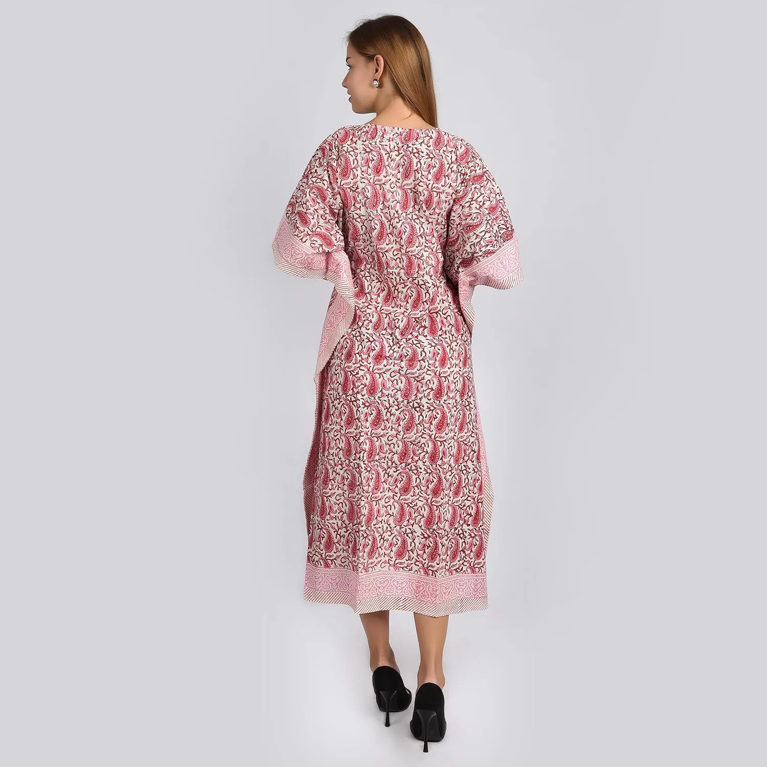 Hand Block Print Cotton Kaftan for Women Boho Loungewear Dress, Lightweight Sleepwear, Beach Cover Up, One Size Fits