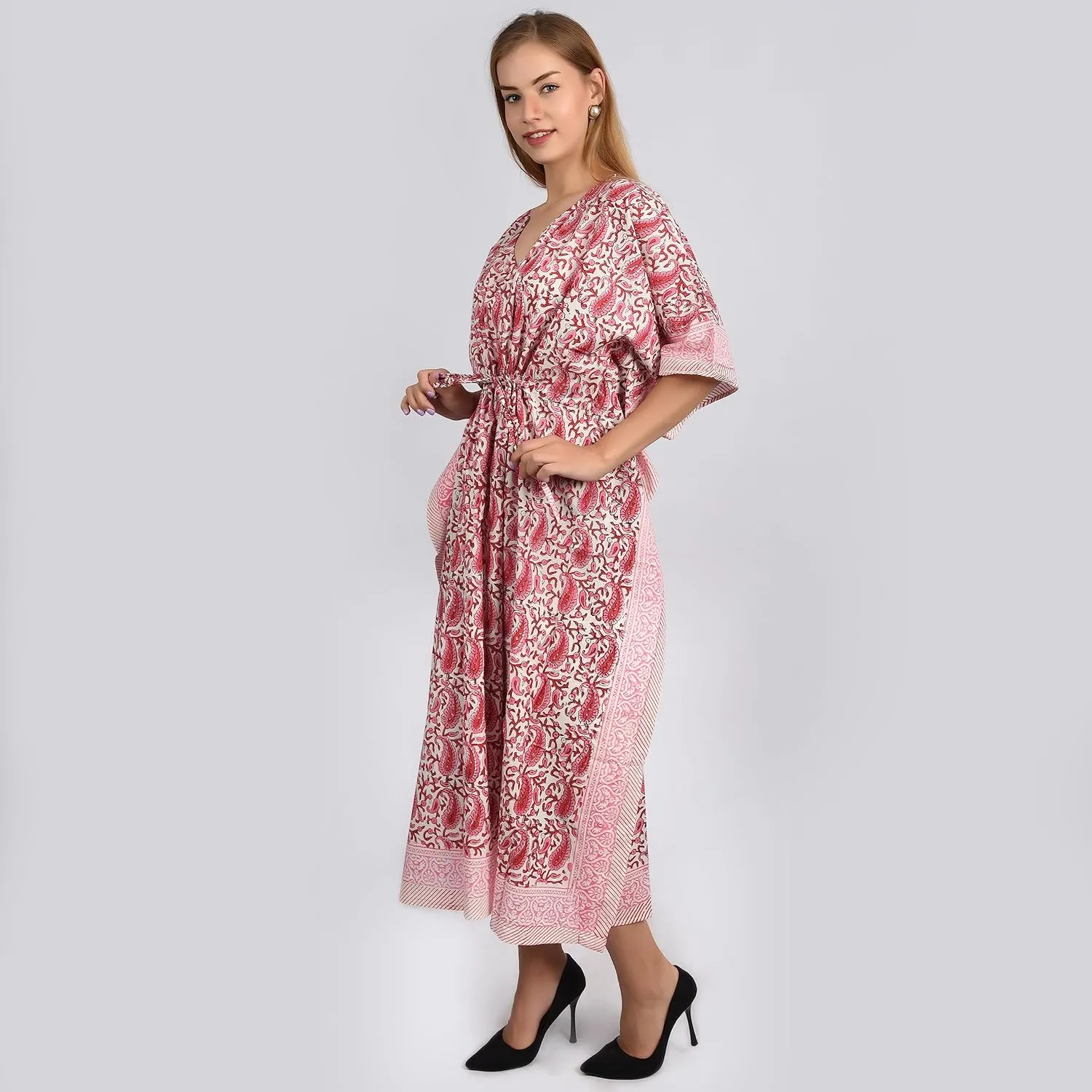 Hand Block Print Cotton Kaftan for Women Boho Loungewear Dress, Lightweight Sleepwear, Beach Cover Up, One Size Fits