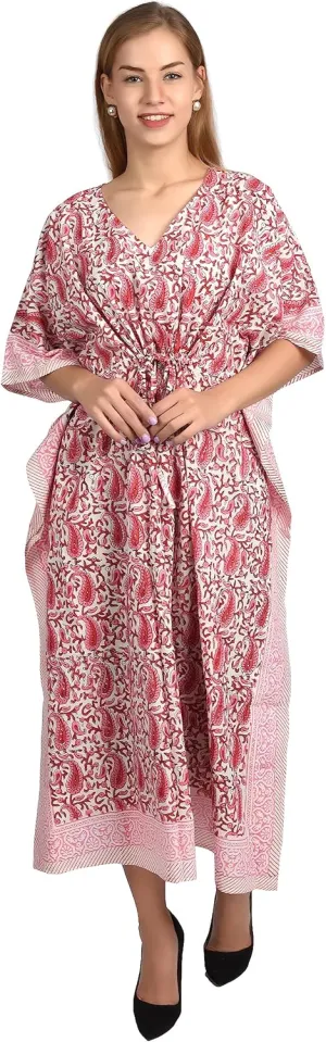Hand Block Print Cotton Kaftan for Women Boho Loungewear Dress, Lightweight Sleepwear, Beach Cover Up, One Size Fits