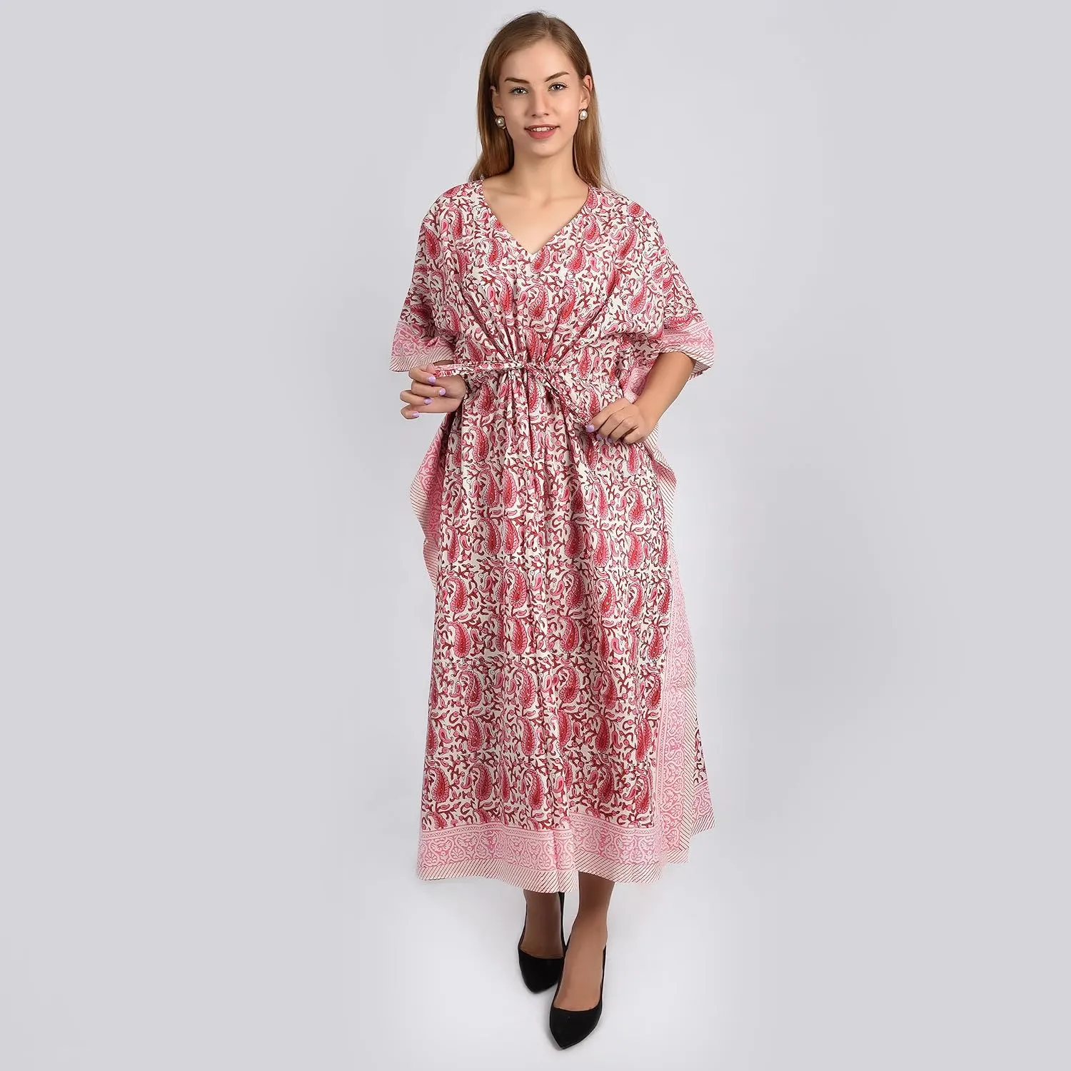 Hand Block Print Cotton Kaftan for Women Boho Loungewear Dress, Lightweight Sleepwear, Beach Cover Up, One Size Fits