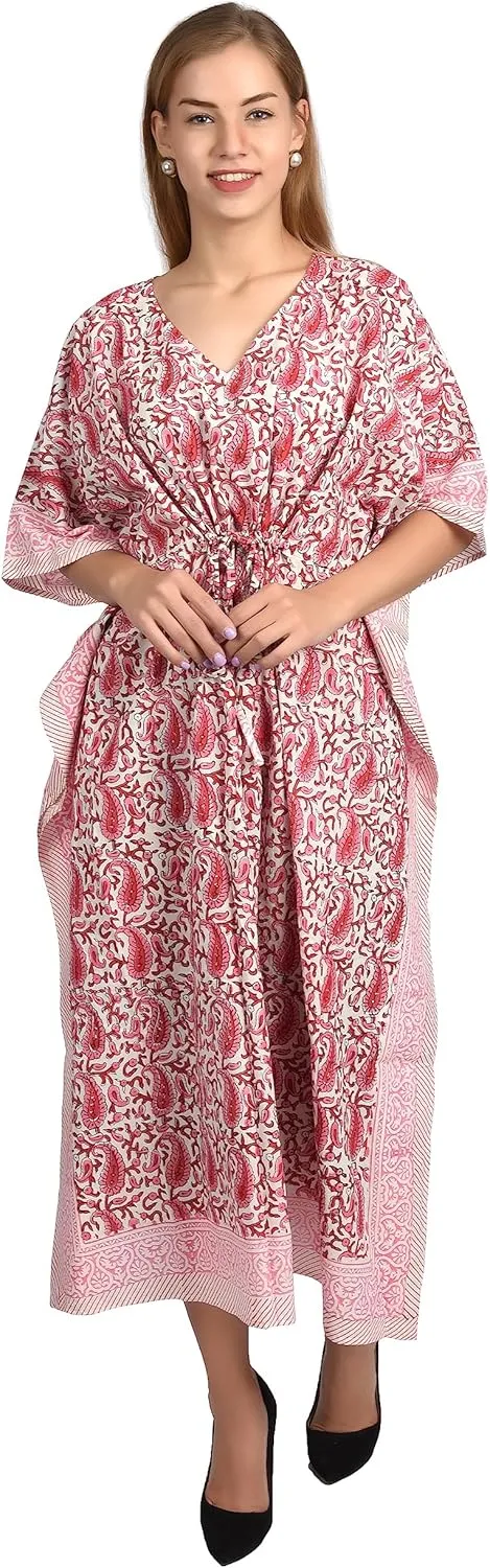 Hand Block Print Cotton Kaftan for Women Boho Loungewear Dress, Lightweight Sleepwear, Beach Cover Up, One Size Fits