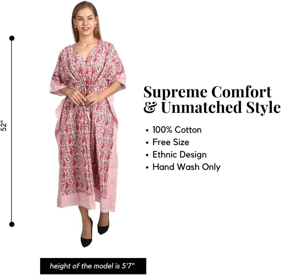 Hand Block Print Cotton Kaftan for Women Boho Loungewear Dress, Lightweight Sleepwear, Beach Cover Up, One Size Fits