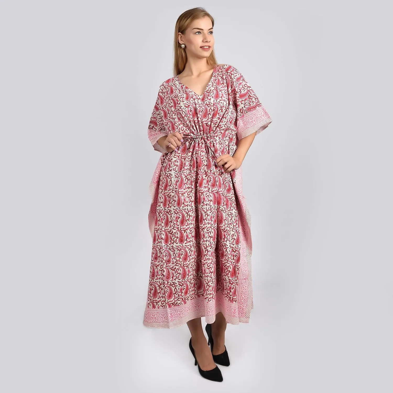 Hand Block Print Cotton Kaftan for Women Boho Loungewear Dress, Lightweight Sleepwear, Beach Cover Up, One Size Fits