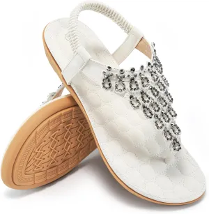 HARENCE Womens Summer Flats Sandals: Casual Bohemian Dressy Thong Flat Shoes Comfortable Slip on Elastic Ankle Strap Beach Sandal