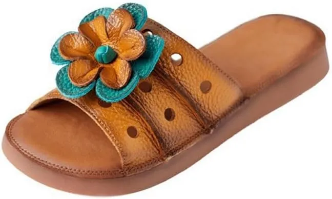 HBJWOV Cowhide Flower Perforated Toe Sandals with Soft Leather Beach Flat Heels