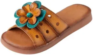 HBJWOV Cowhide Flower Perforated Toe Sandals with Soft Leather Beach Flat Heels