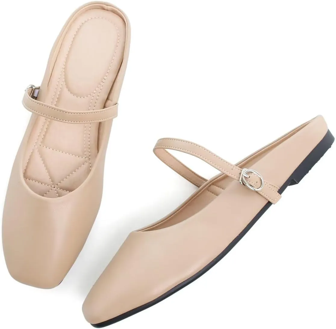 Hee grand Mules for Women Mary Jane Shoes Retro Square Toe Strap Backless Flat Mules Comfortable Flat Slippers