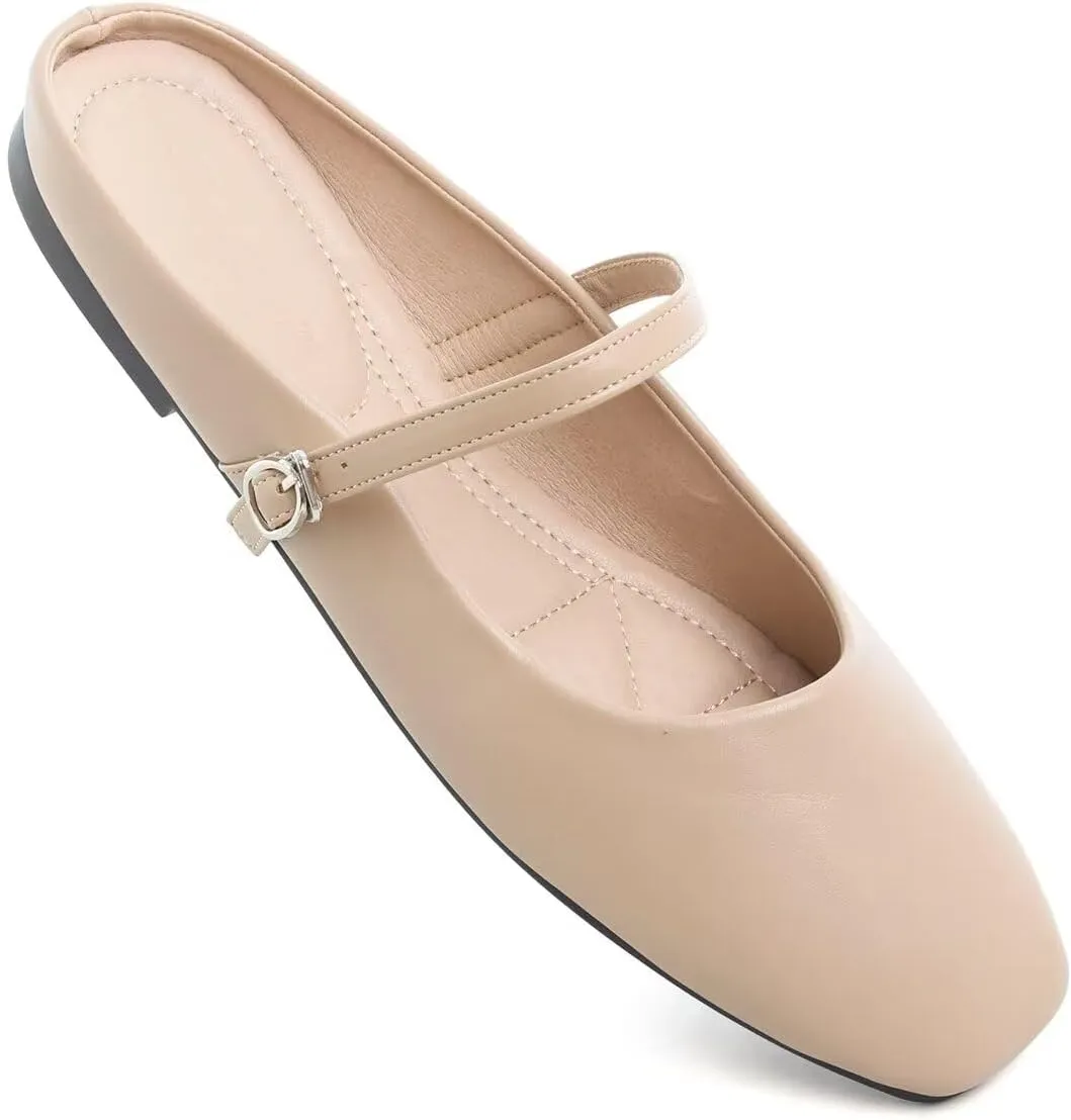 Hee grand Mules for Women Mary Jane Shoes Retro Square Toe Strap Backless Flat Mules Comfortable Flat Slippers