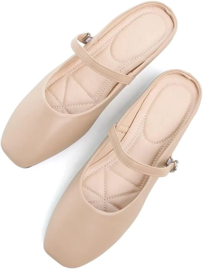 Hee grand Mules for Women Mary Jane Shoes Retro Square Toe Strap Backless Flat Mules Comfortable Flat Slippers