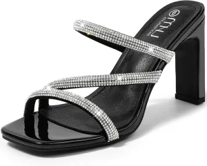 High Heels Sandals for Women Rhinestone Open Toe Slip On with Strappy Strap Dressy Sparkly Heel Bridal Shoes Comfy Sexy Cute