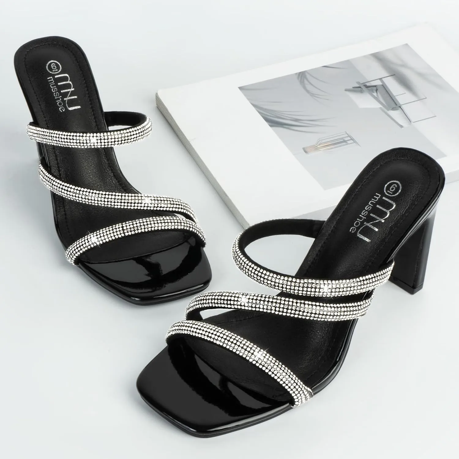 High Heels Sandals for Women Rhinestone Open Toe Slip On with Strappy Strap Dressy Sparkly Heel Bridal Shoes Comfy Sexy Cute