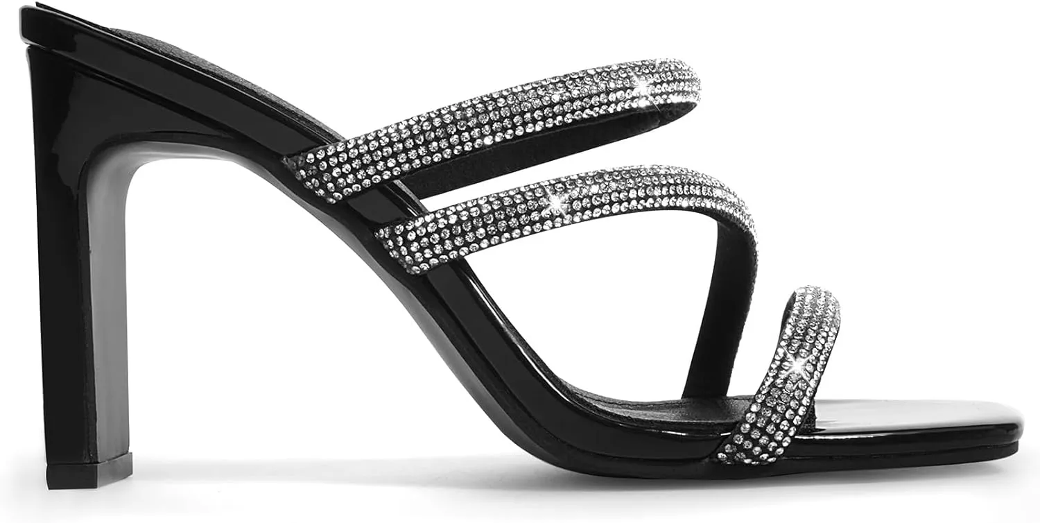 High Heels Sandals for Women Rhinestone Open Toe Slip On with Strappy Strap Dressy Sparkly Heel Bridal Shoes Comfy Sexy Cute