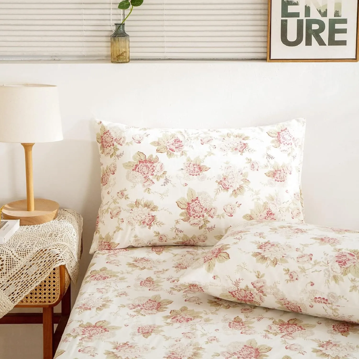 Hint of Mint Dainty Cottage Floral Roses Cotton Flat Sheet Only w/ Pillow Case