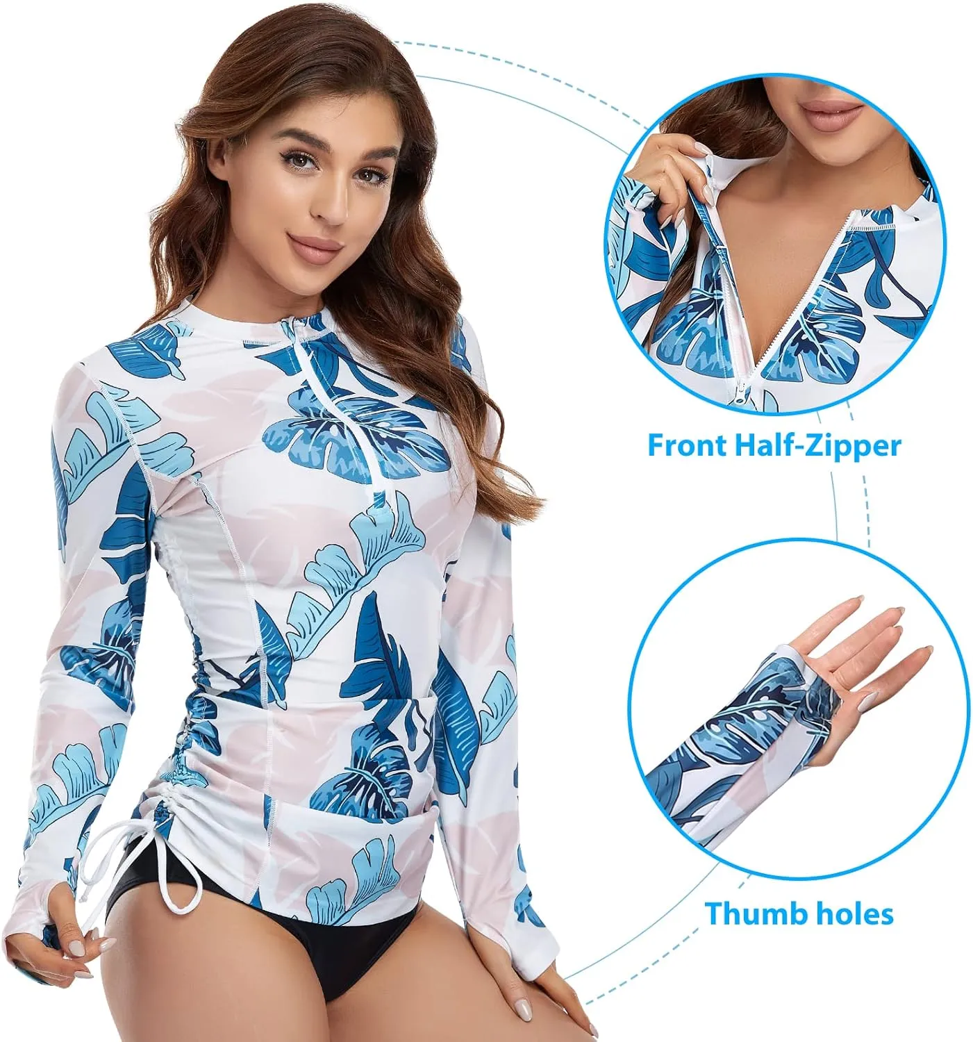 HISKYWIN Women's Long Sleeve UV Sun Protection Rash Guard Side Adjustable Wetsuit Swimsuit Top