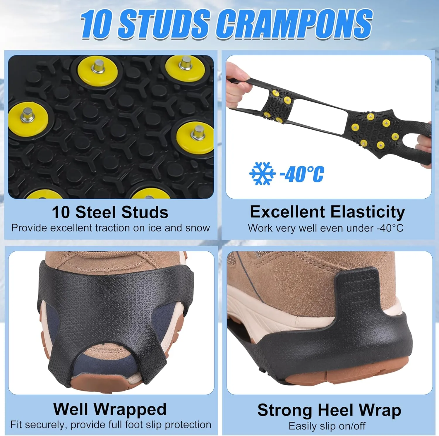Ice Cleats Snow Traction Cleats, 10-Studs Walk Traction Cleats Crampons for Walking on Snow and Ice Anti Slip Rubber Walking Cleats Slip-on Stretch Footwear for Women Men Kids