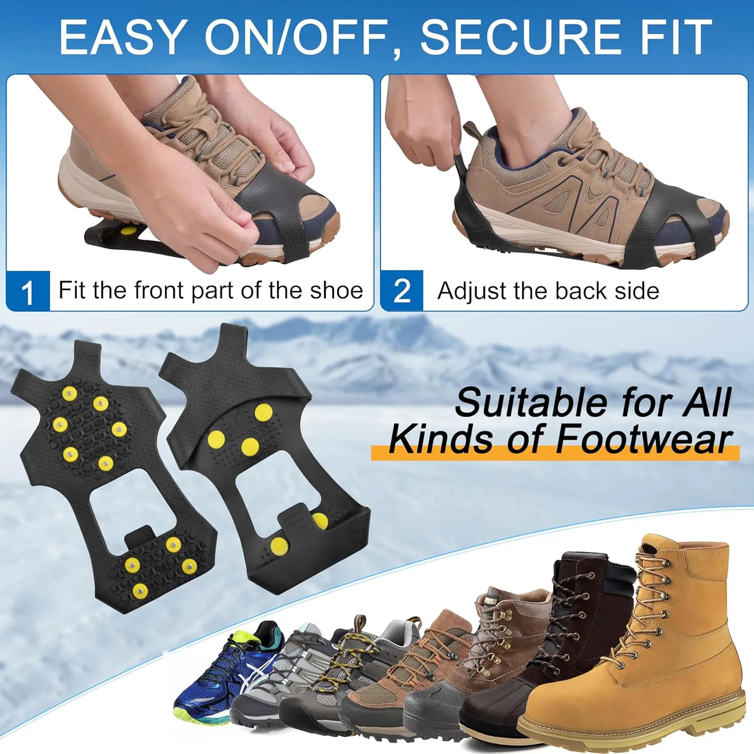 Ice Cleats Snow Traction Cleats, 10-Studs Walk Traction Cleats Crampons for Walking on Snow and Ice Anti Slip Rubber Walking Cleats Slip-on Stretch Footwear for Women Men Kids