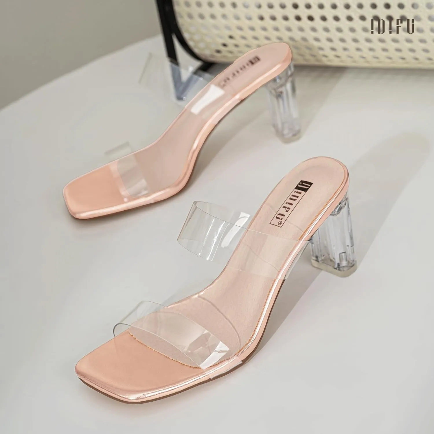 IDIFU IN3 Clear Heels for Women Transparent Two Strap Low Chunky Block Heels Square Open Toe Slides Heeled Sandals Wedding Prom Party Dress Shoes Comfortable Slip On Mule Heels
