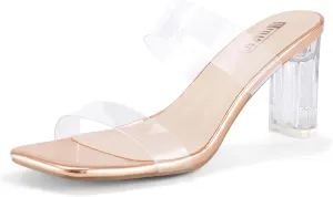 IDIFU IN3 Clear Heels for Women Transparent Two Strap Low Chunky Block Heels Square Open Toe Slides Heeled Sandals Wedding Prom Party Dress Shoes Comfortable Slip On Mule Heels