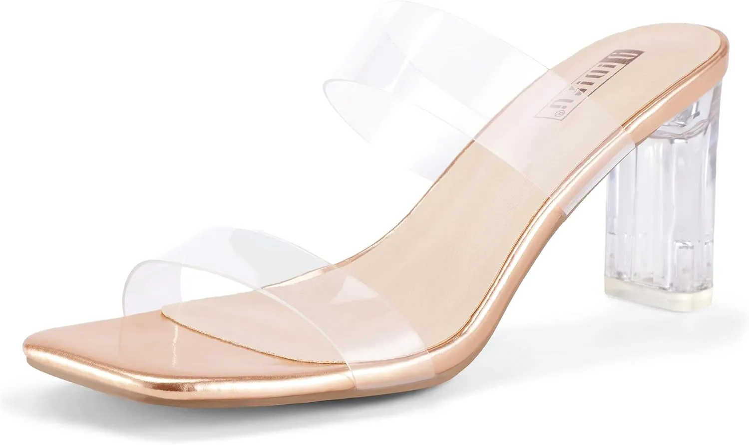 IDIFU IN3 Clear Heels for Women Transparent Two Strap Low Chunky Block Heels Square Open Toe Slides Heeled Sandals Wedding Prom Party Dress Shoes Comfortable Slip On Mule Heels