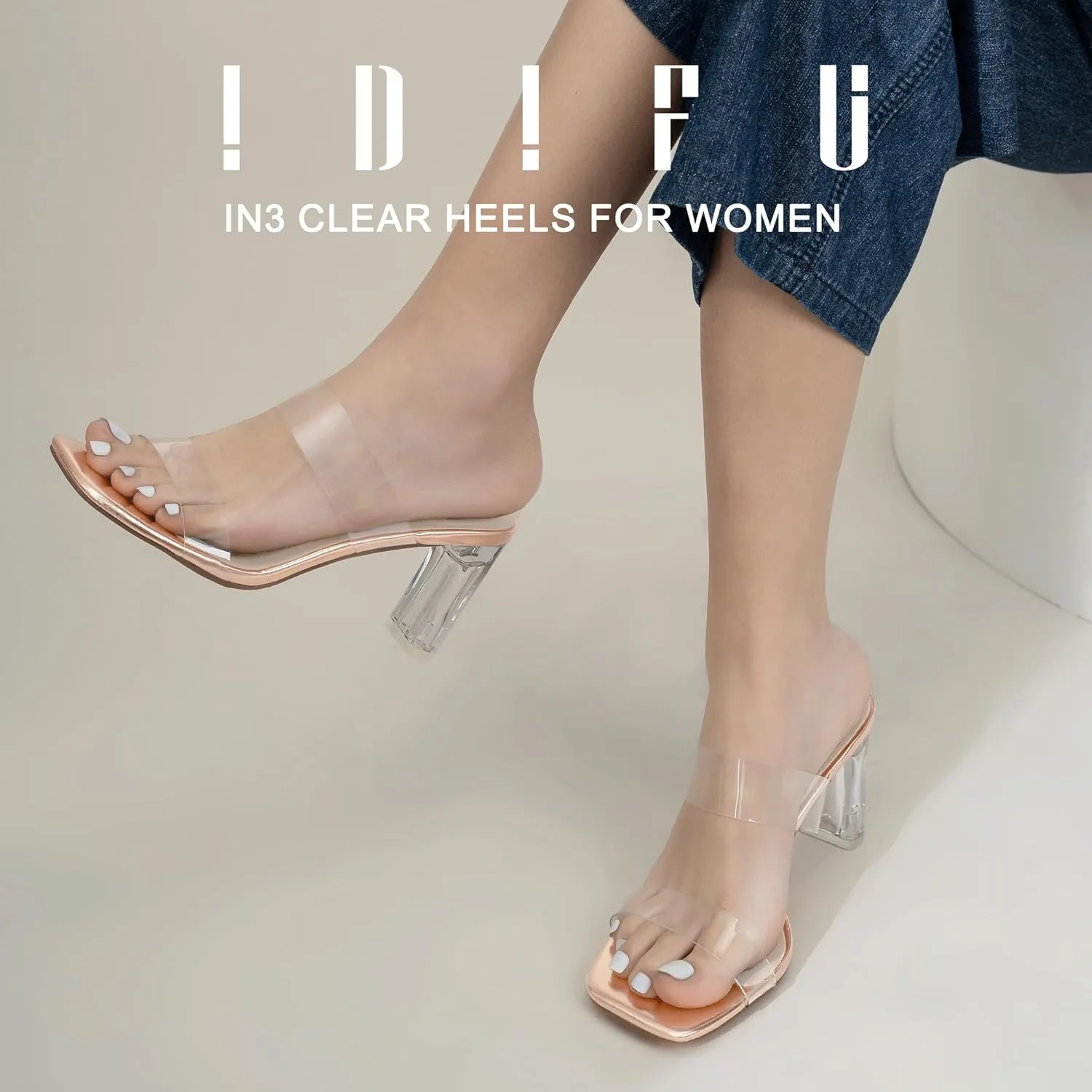 IDIFU IN3 Clear Heels for Women Transparent Two Strap Low Chunky Block Heels Square Open Toe Slides Heeled Sandals Wedding Prom Party Dress Shoes Comfortable Slip On Mule Heels