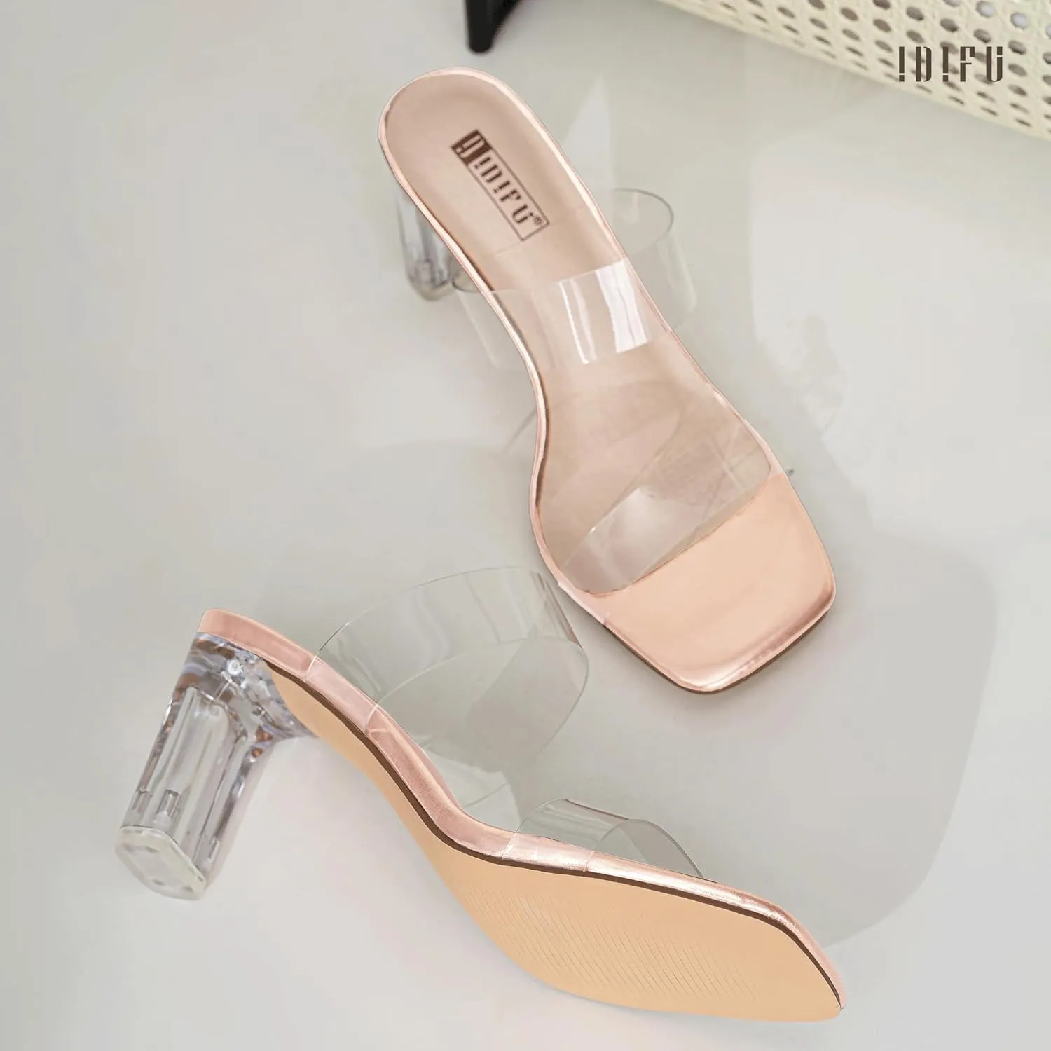 IDIFU IN3 Clear Heels for Women Transparent Two Strap Low Chunky Block Heels Square Open Toe Slides Heeled Sandals Wedding Prom Party Dress Shoes Comfortable Slip On Mule Heels